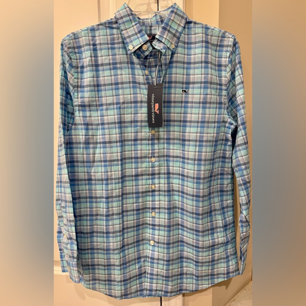 New NWT Vineyard Vines Whale Shirt Button Up Plaid Blue Boys Size Large L 16